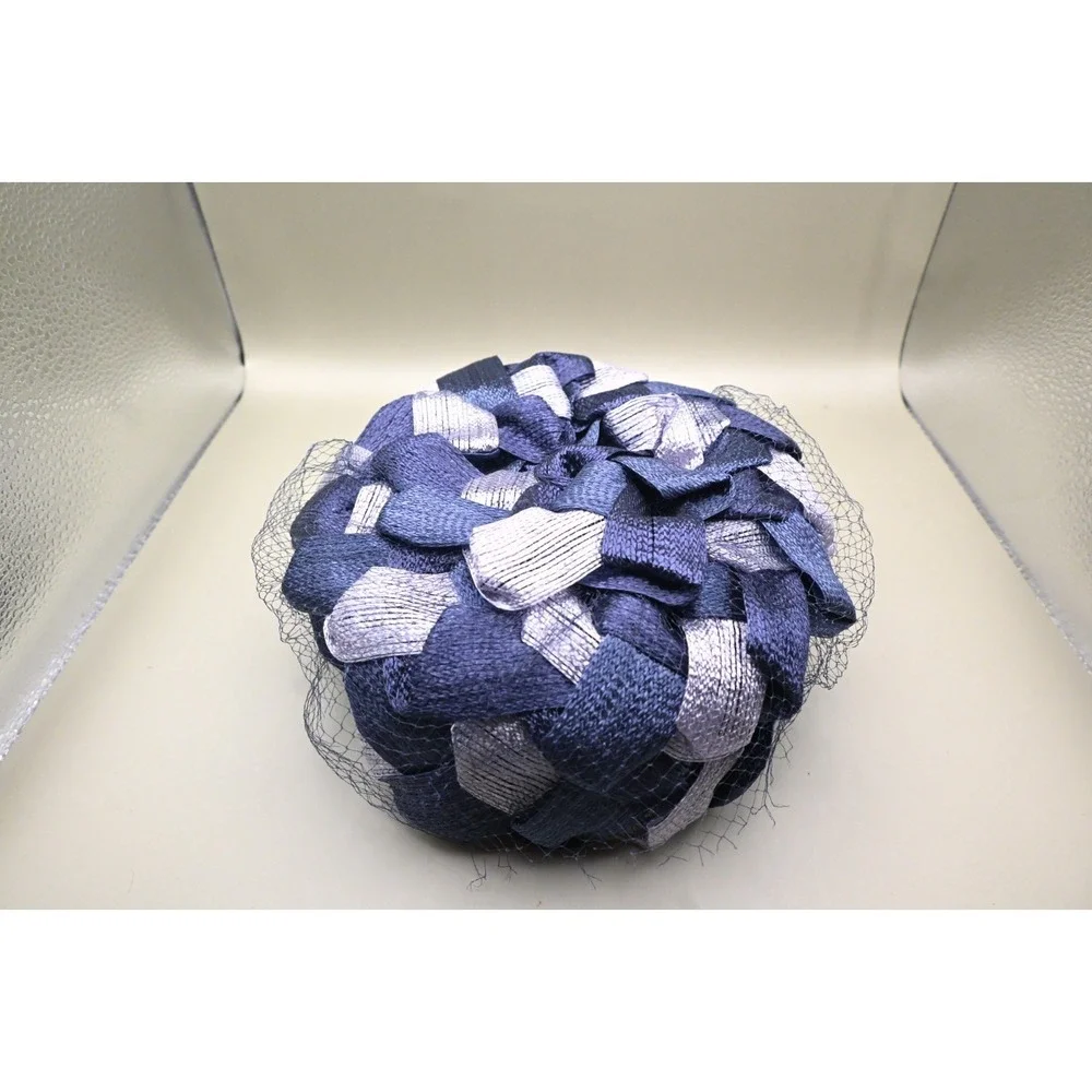 Vintage Navy Blue Silver Ribbon Hat Fascinator Netting Pillbox Cocktail Fashion
